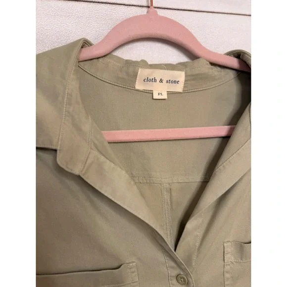 Cloth & Stone Women's Khaki Roll Tab Sleeve Button Down‎ Shirt PL - Picture 3 of 6